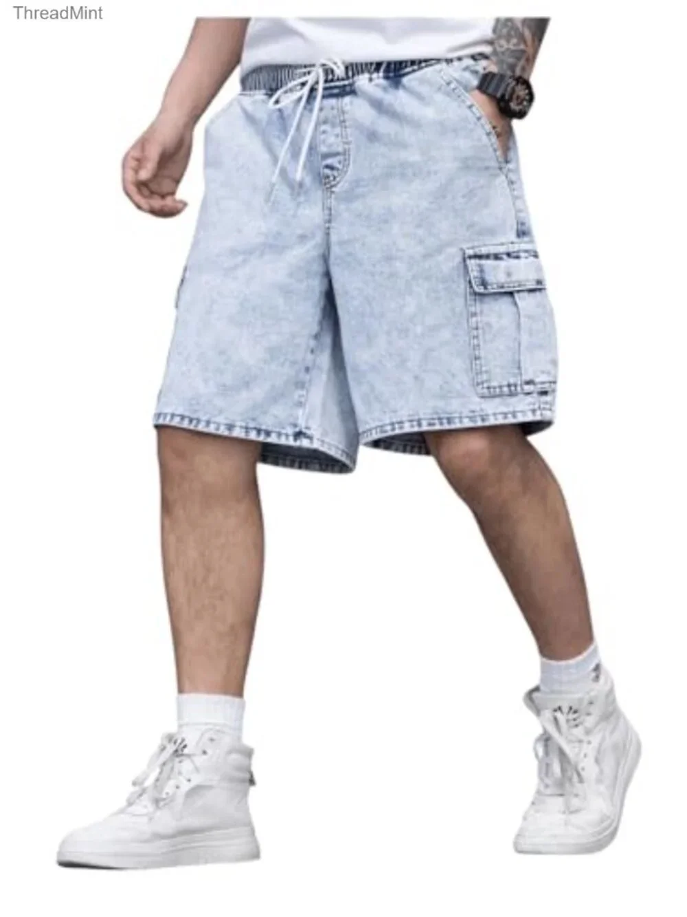 Men's Drawstring Cargo Jean Shorts with Flap Pockets, Loose Fit, Casual